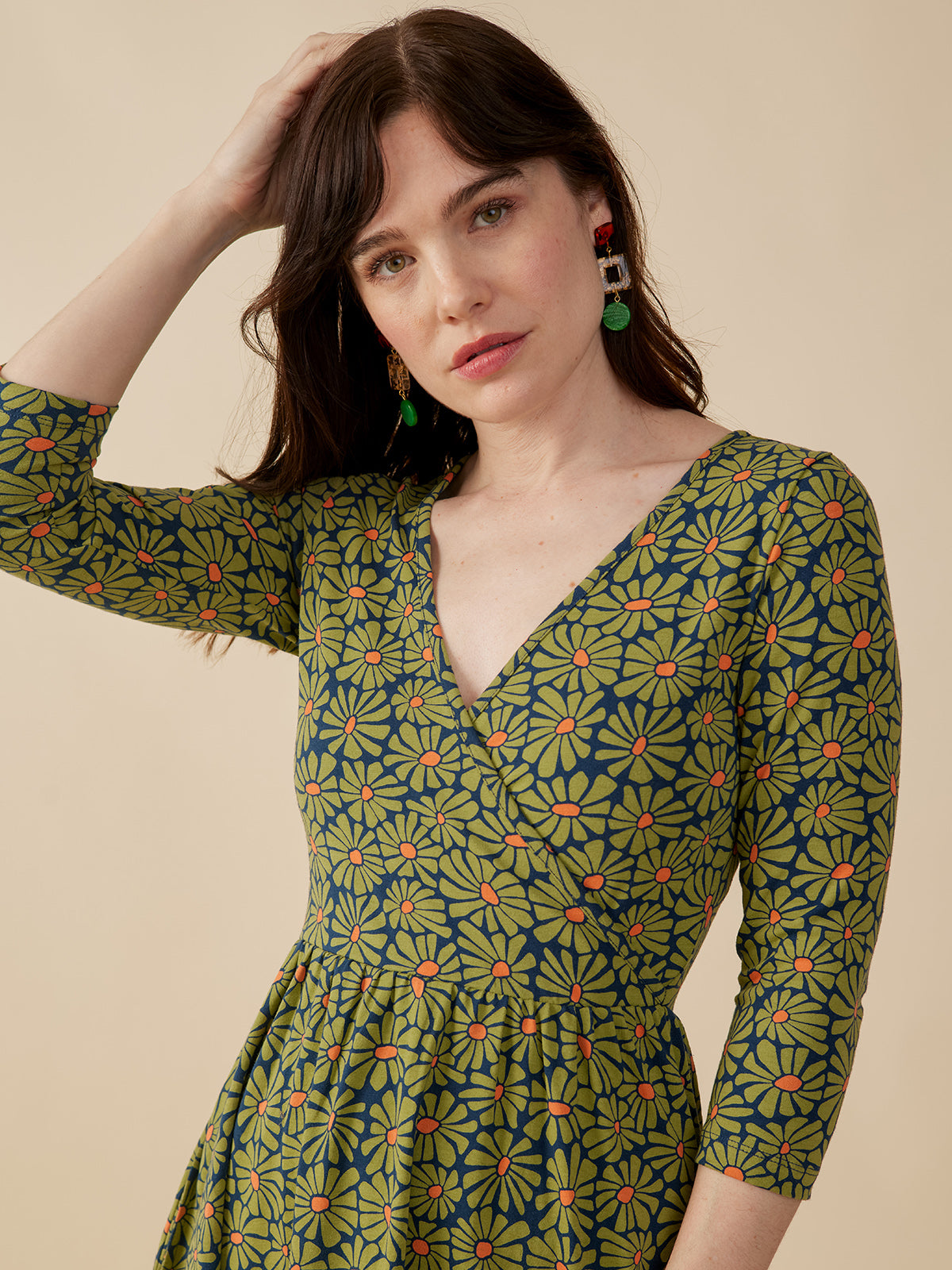 Callie 3/4 Sleeve Wrap Dress - Olive Floral