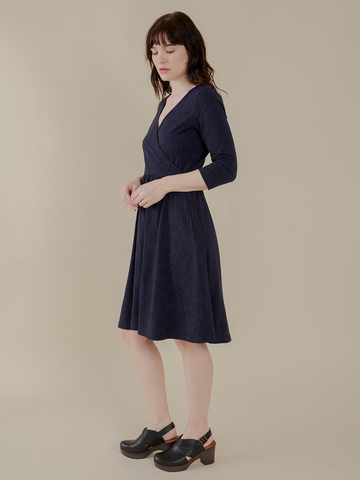 Callie 3/4 Sleeve Wrap Dress - Tree Rings Midnight