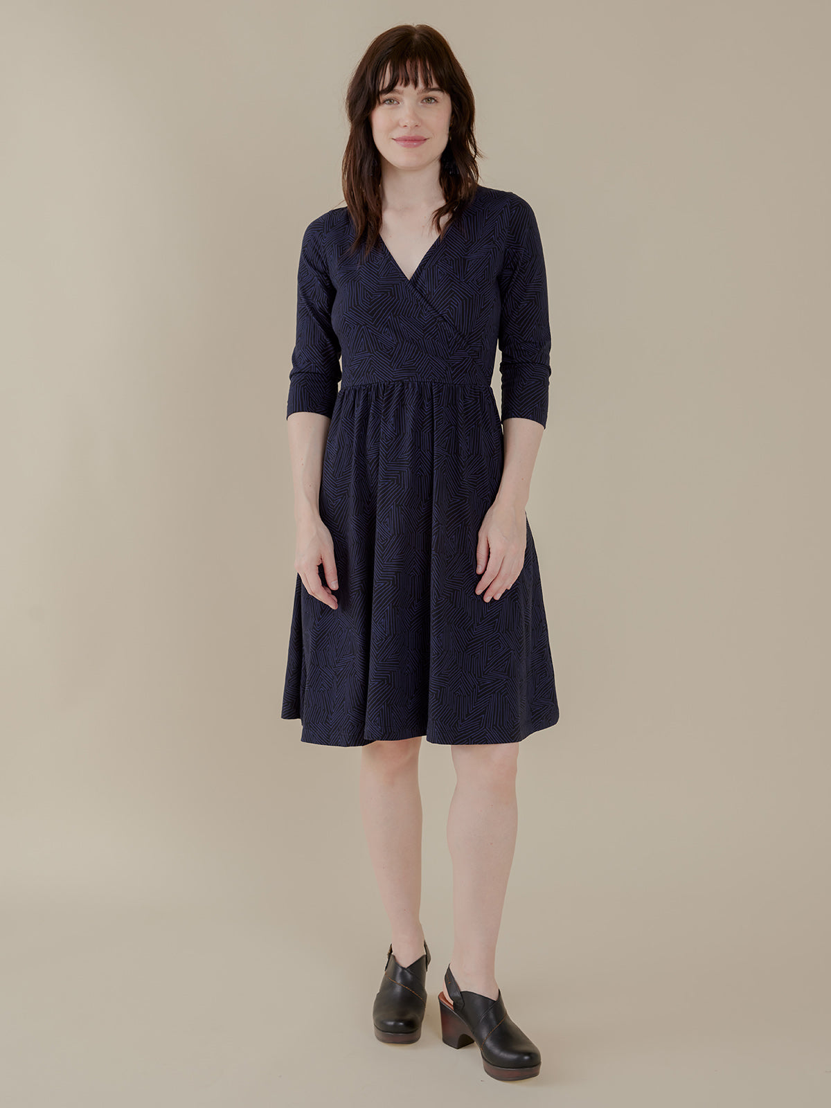 Callie 3/4 Sleeve Wrap Dress - Tree Rings Midnight