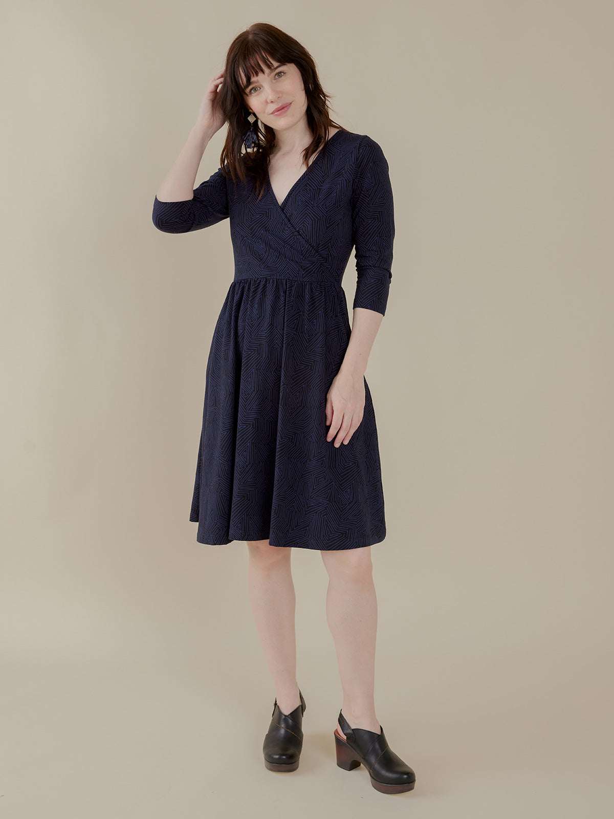 Callie 3/4 Sleeve Wrap Dress - Tree Rings Midnight