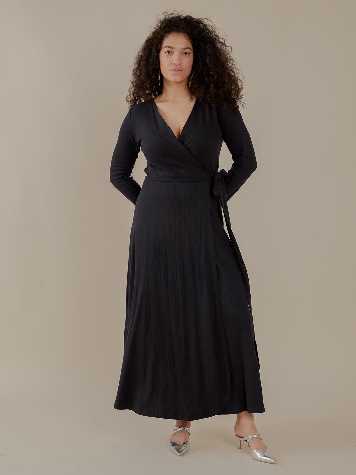 Katie Maxi Wrap Dress - Black Rib Knit