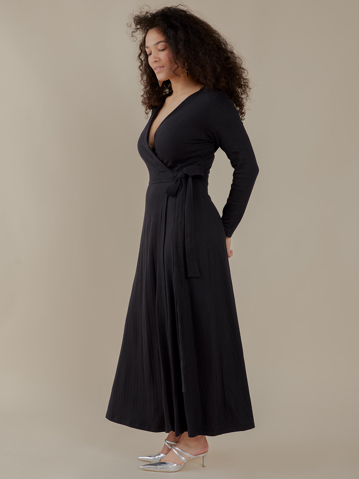 Katie Maxi Wrap Dress - Black Rib Knit