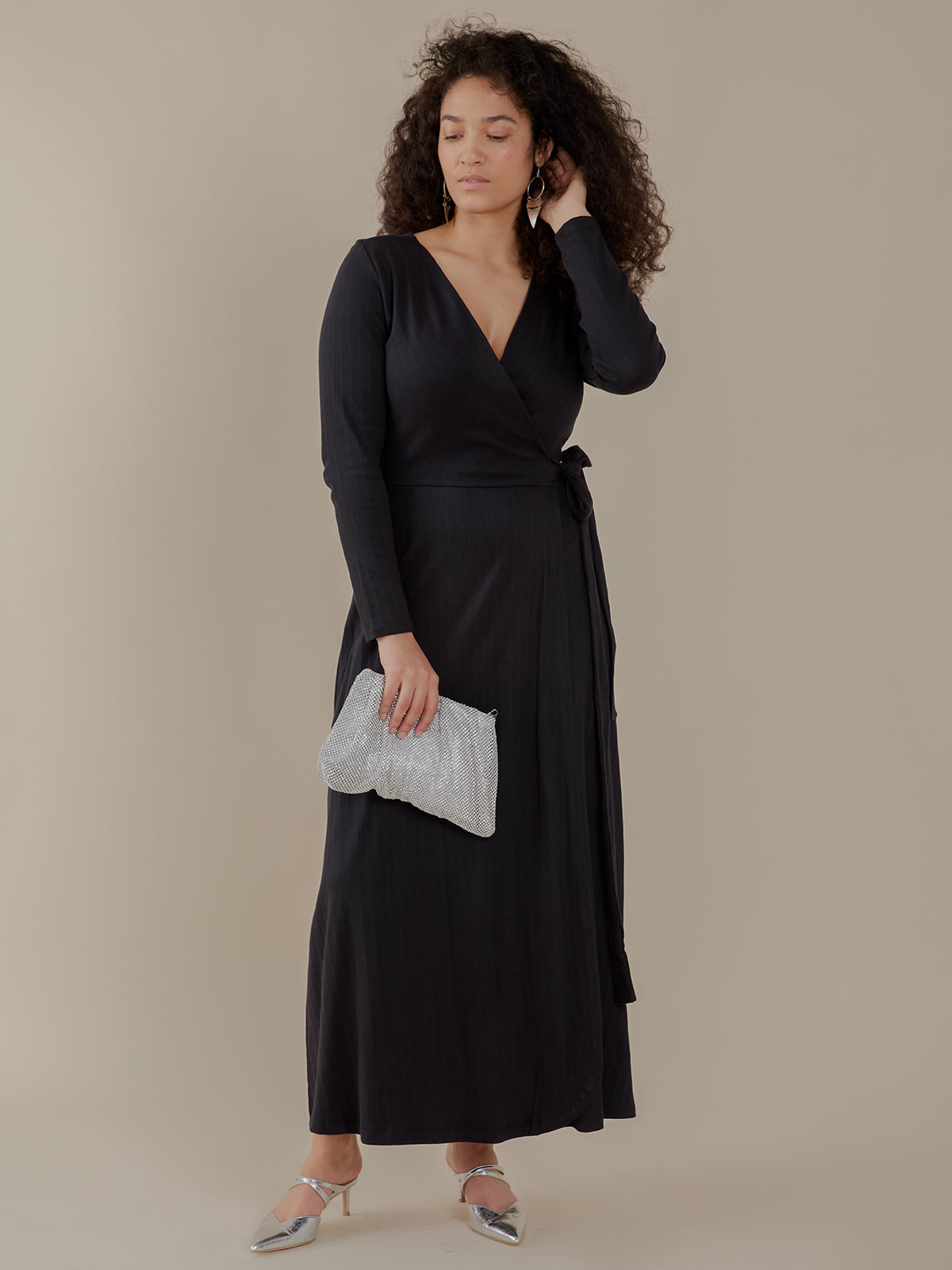 Katie Maxi Wrap Dress - Black Rib Knit