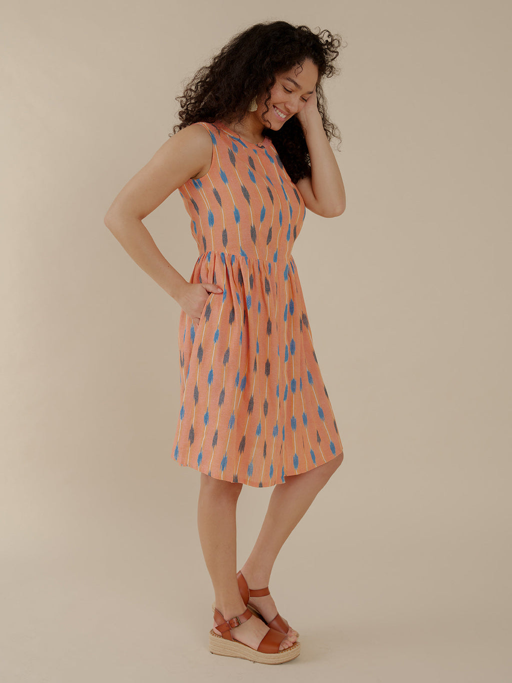 Kerala Placket Dress - Peach Ikat