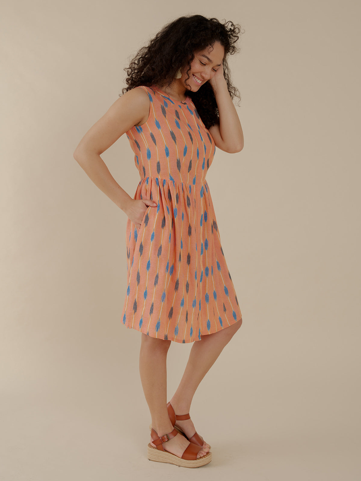 Kerala Placket Dress - Peach Ikat