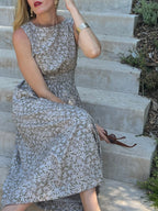Artsy Traveler Sleeveless Midi Dress - Olive Flowers
