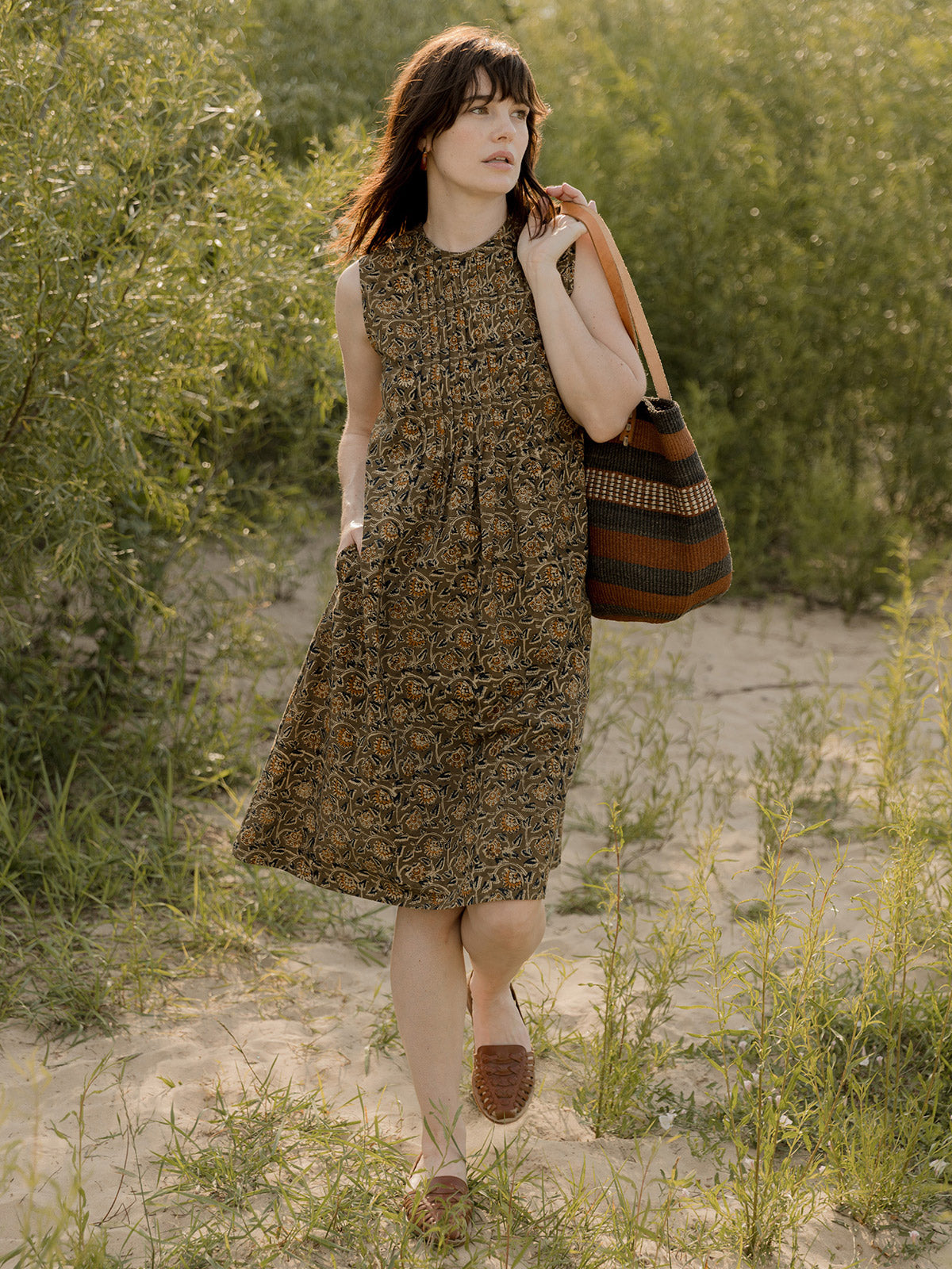 Penny Pintucked Dress - Olive Kalamkari