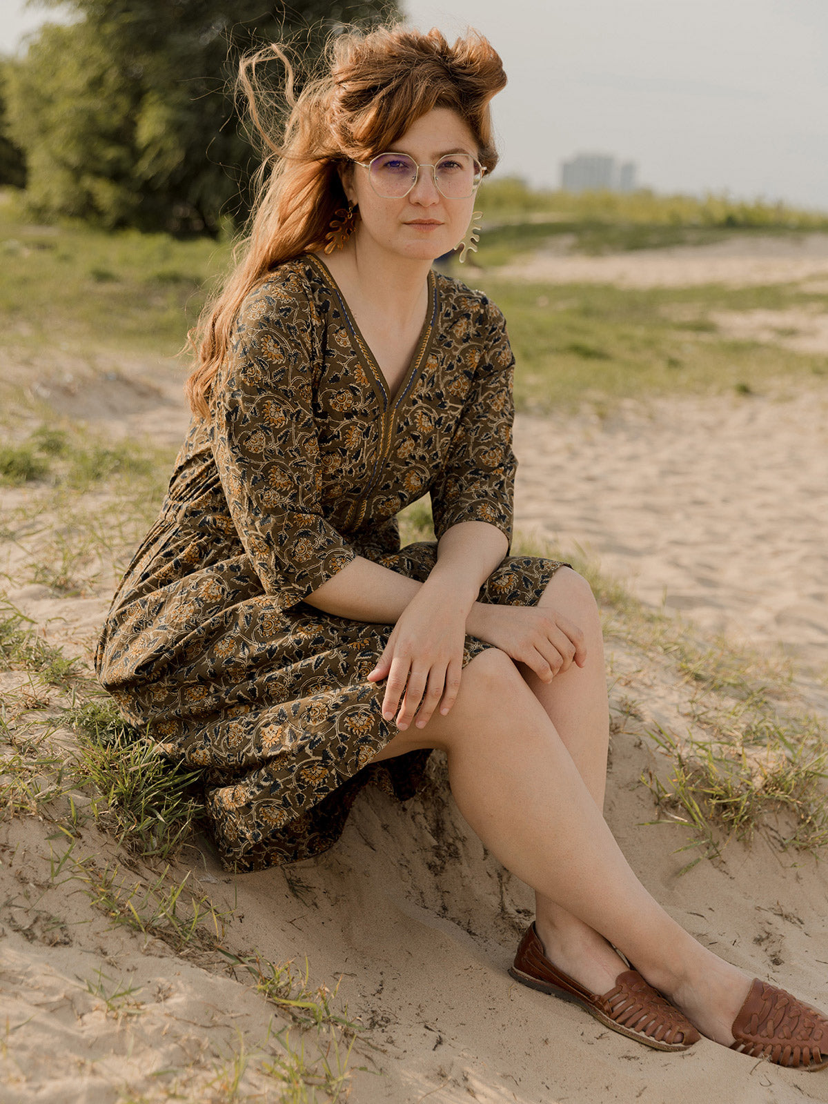 Jaya Half Sleeve Dress - Olive Kalamkari