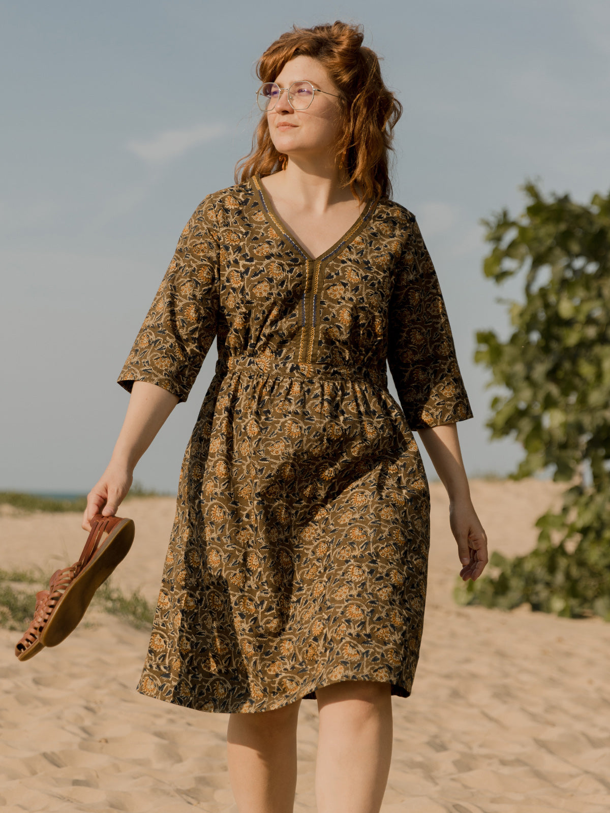 Jaya Half Sleeve Dress - Olive Kalamkari