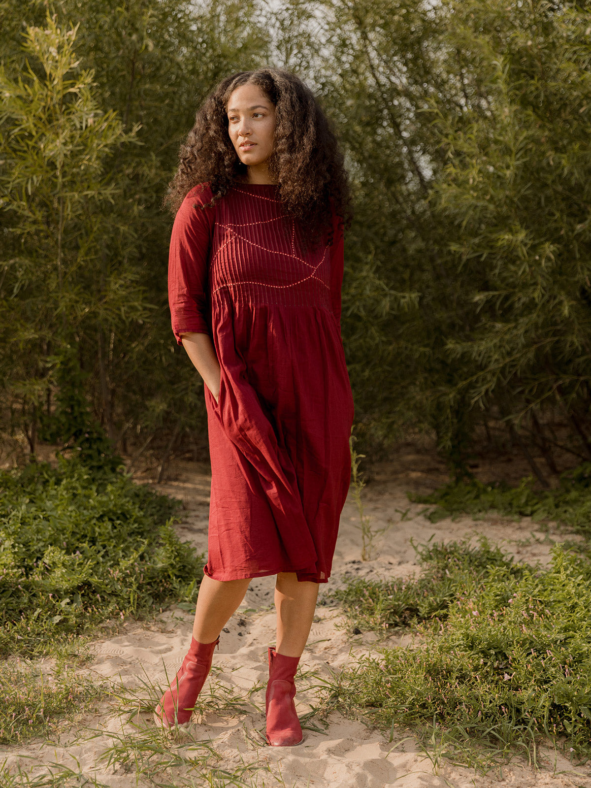 Alma Pintucked Dress - Crimson