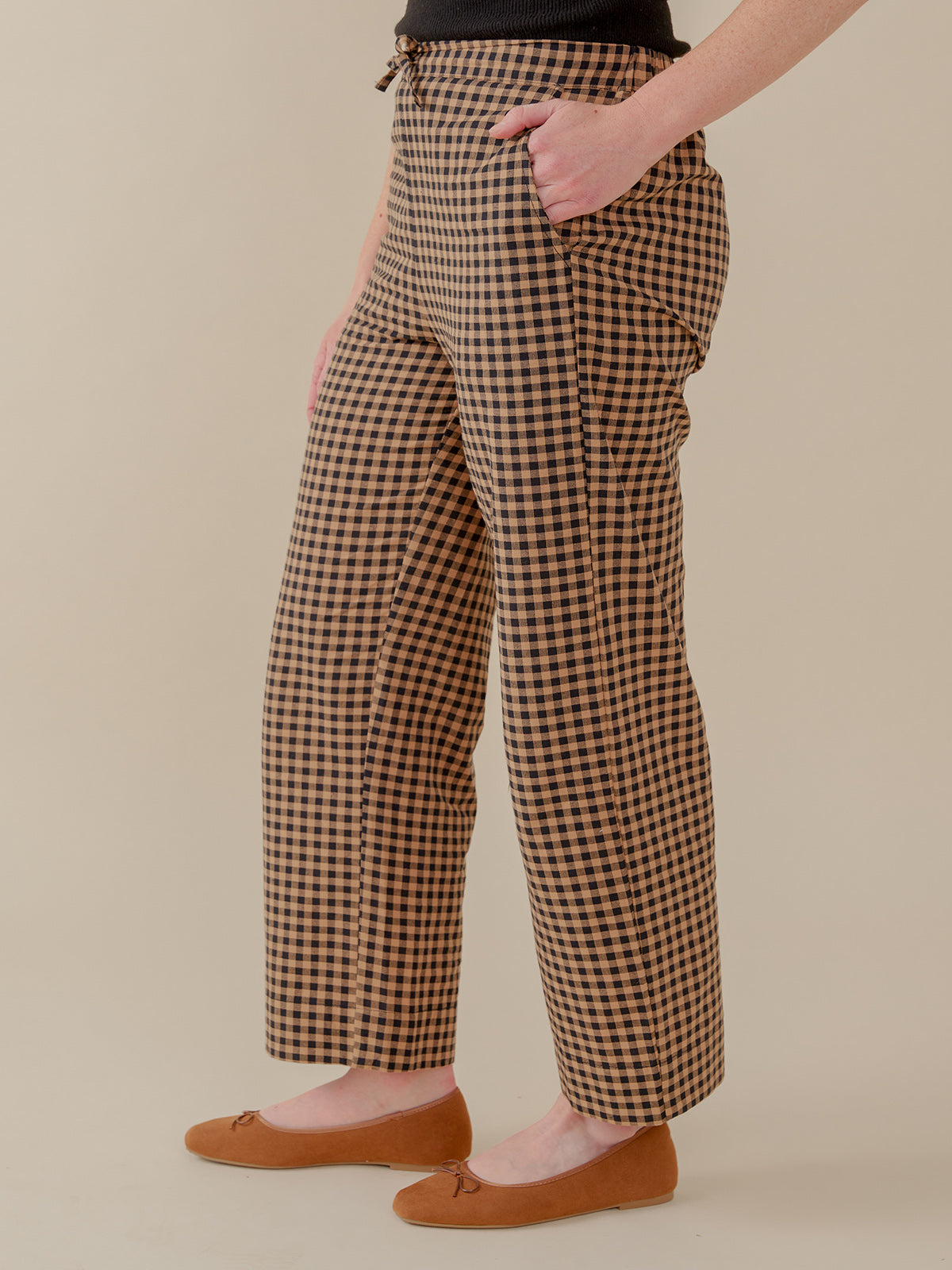 Emmy Drawstring Pant - Black and Tan Small Gingham