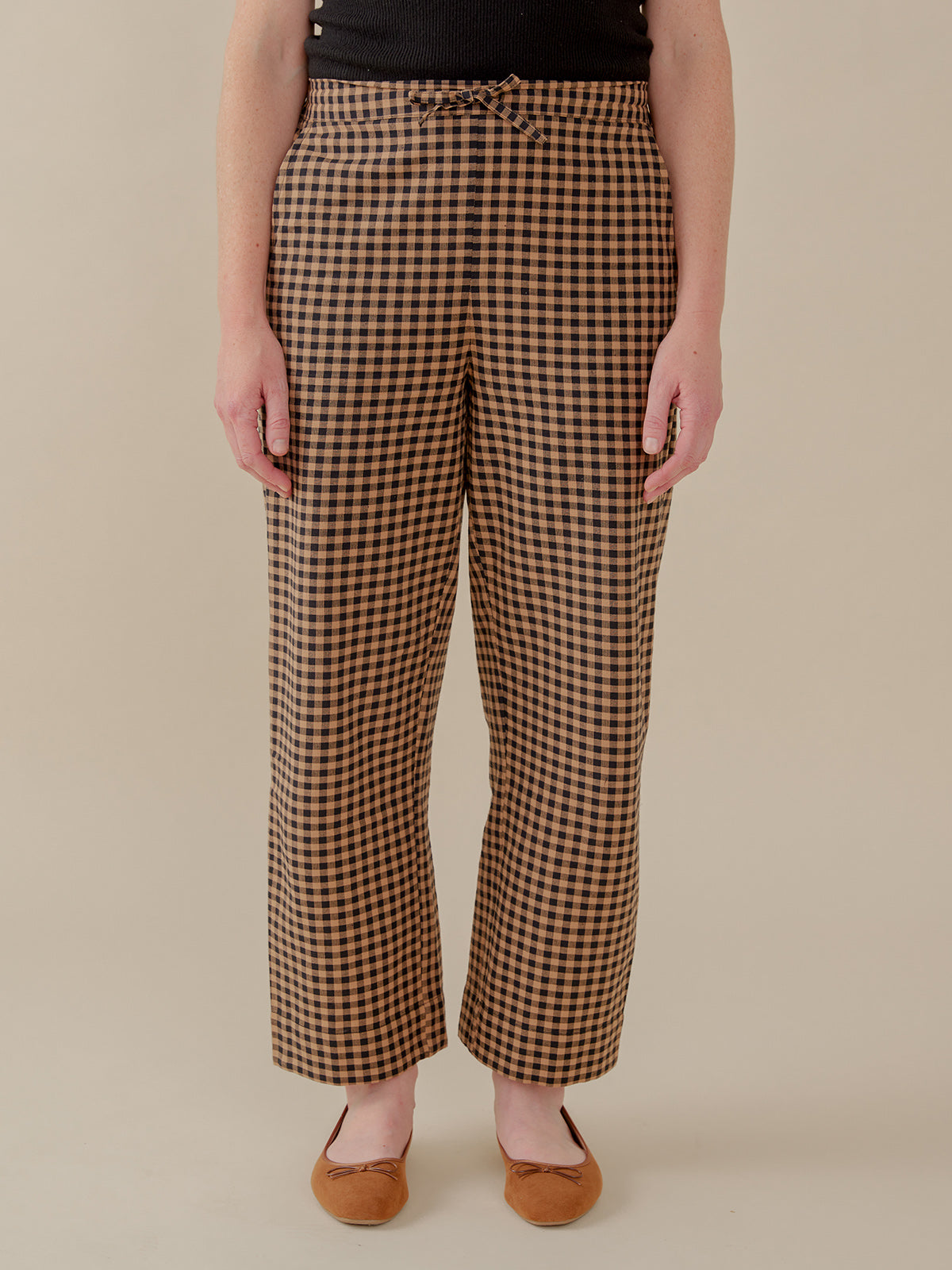 Emmy Drawstring Pant - Black and Tan Small Gingham