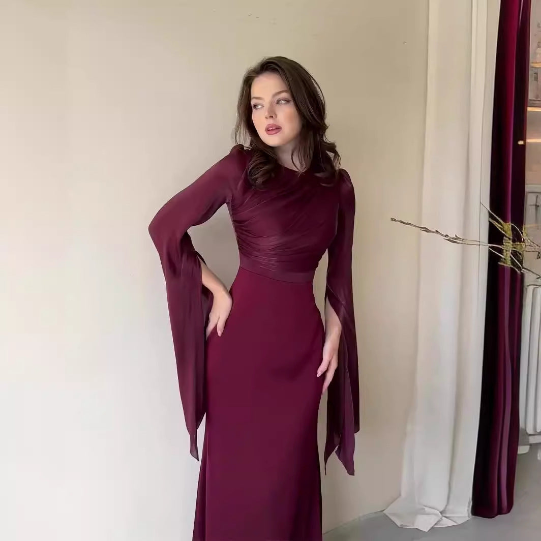 Summer Patchwork Glass Veil Long Sleeve Satin Slim Dress