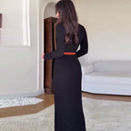 Women's Round Neck Long Sleeve Belted Waist Knitted Dress