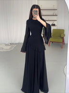 Elegant Solid Color Flared Sleeve Dress