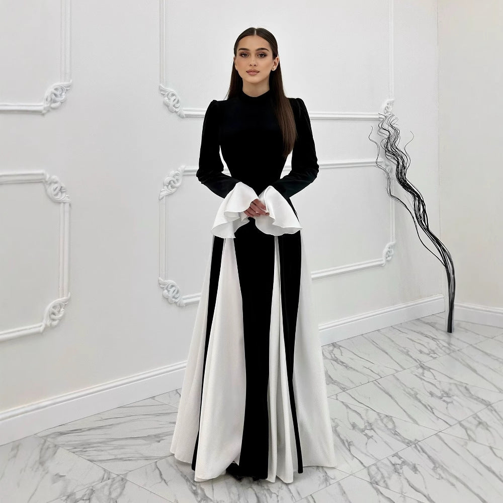 Women's Flared Sleeve Color Block Elegant Waist-Cinching Dress