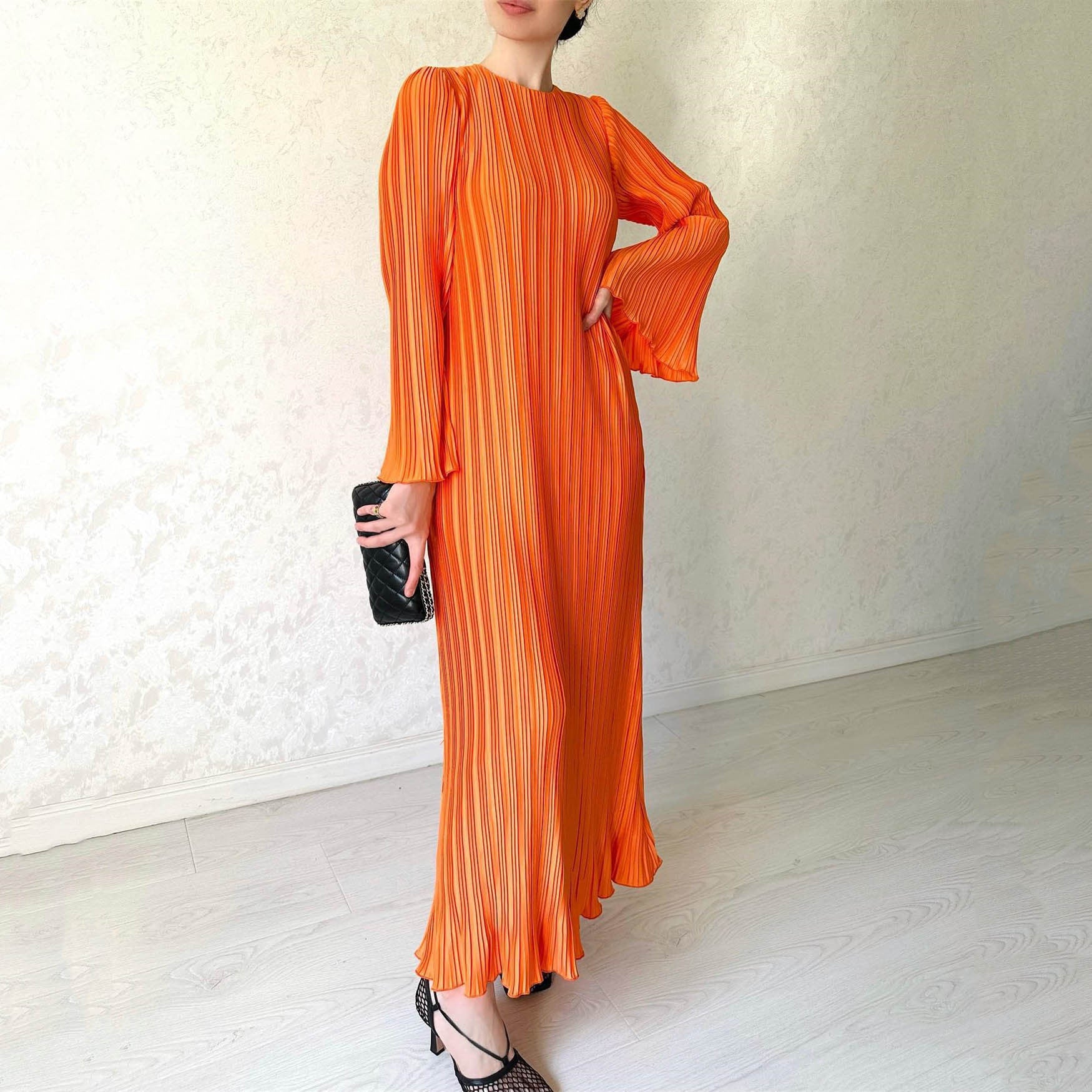 Women's Autumn New Long Dress Elegant Pleated Flared Sleeve Mid-Length Dress