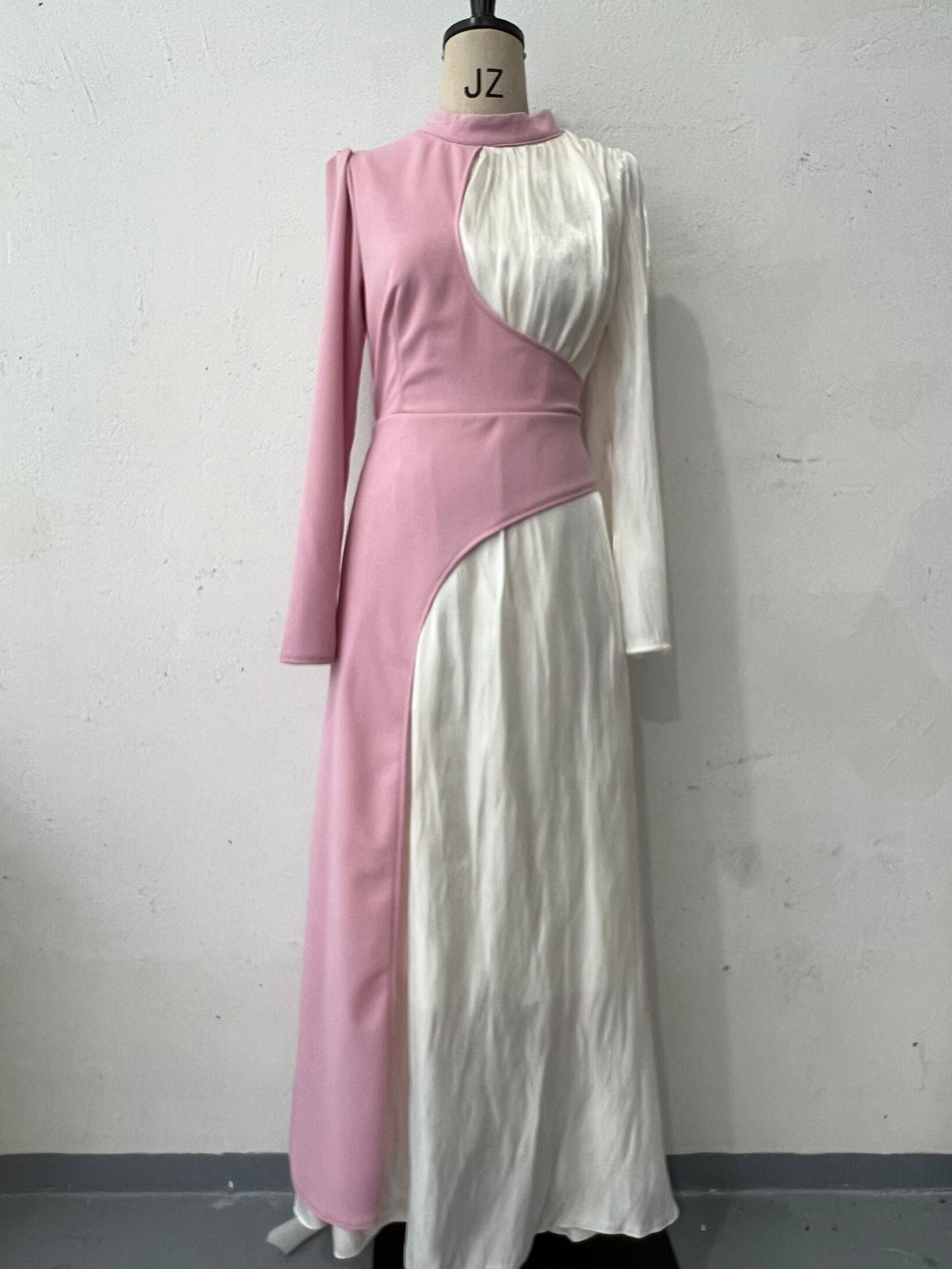 Round Neck Color Block Long Sleeve Slim Fit Belted Vintage Dress