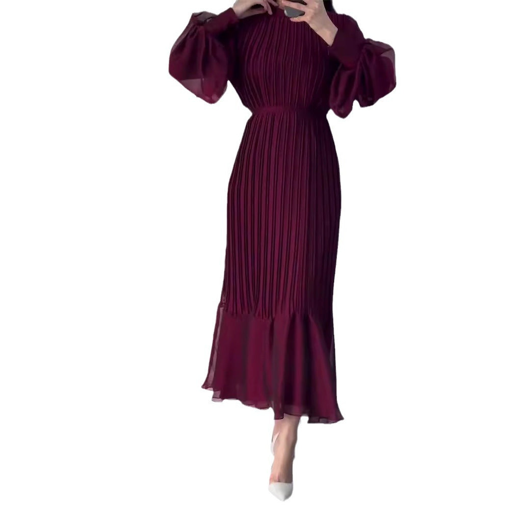 Elegant Mature Women's Spring New Cross-Border Long Pleated Dress
