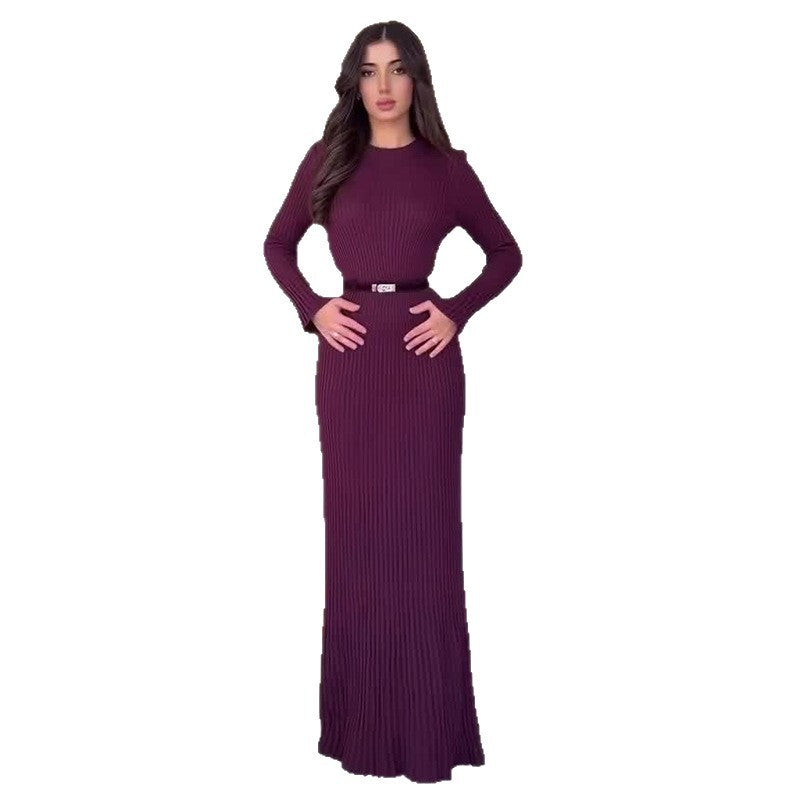 Women's Round Neck Long Sleeve Belted Waist Knitted Dress