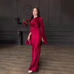Autumn Patchwork Glass Veil Long Sleeve Satin Slim Dress
