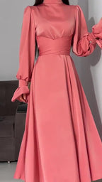 Autumn New Long Sleeve Waist Cinched Puff Sleeve Solid Color Fairy Style Dress