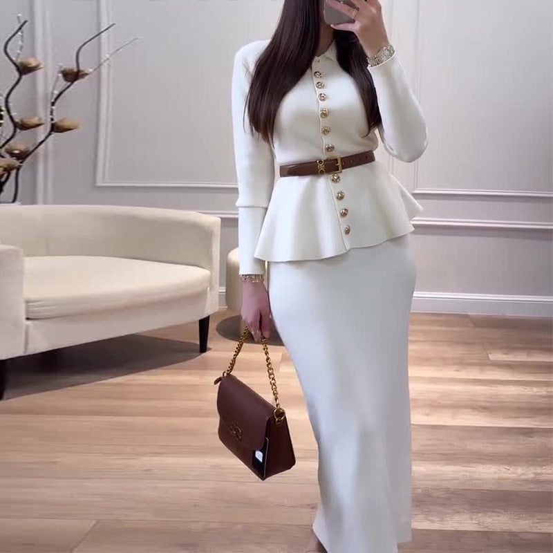 Women's Single-Breasted Long-Sleeve Belted Knitted White Suit