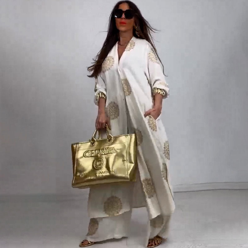 Elegant and Sexy V-neck Top + Printed Wide-leg Pants Two-piece Set