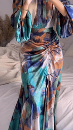 Autumn New Pleated Waist Slimming Exotic Style Long Sleeve Mid-Length Dress for Women