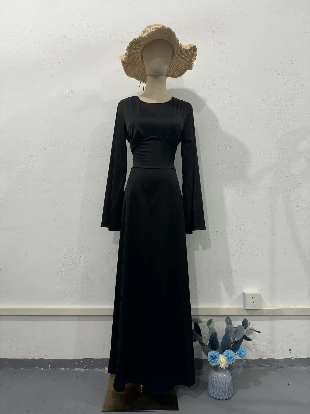 Spring New Waist-Cinching Slimming Tie Solid Color Long Sleeve Long Dress Elegant Women's Dress