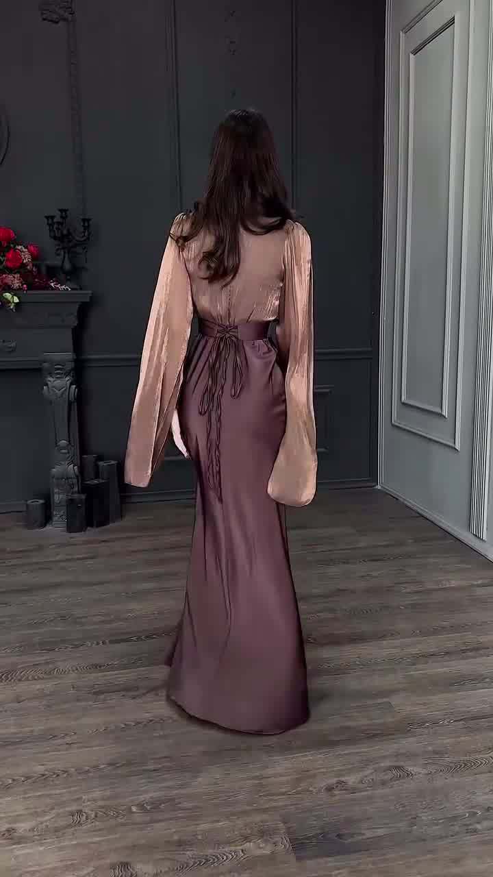 Autumn Patchwork Glass Veil Long Sleeve Satin Slim Dress