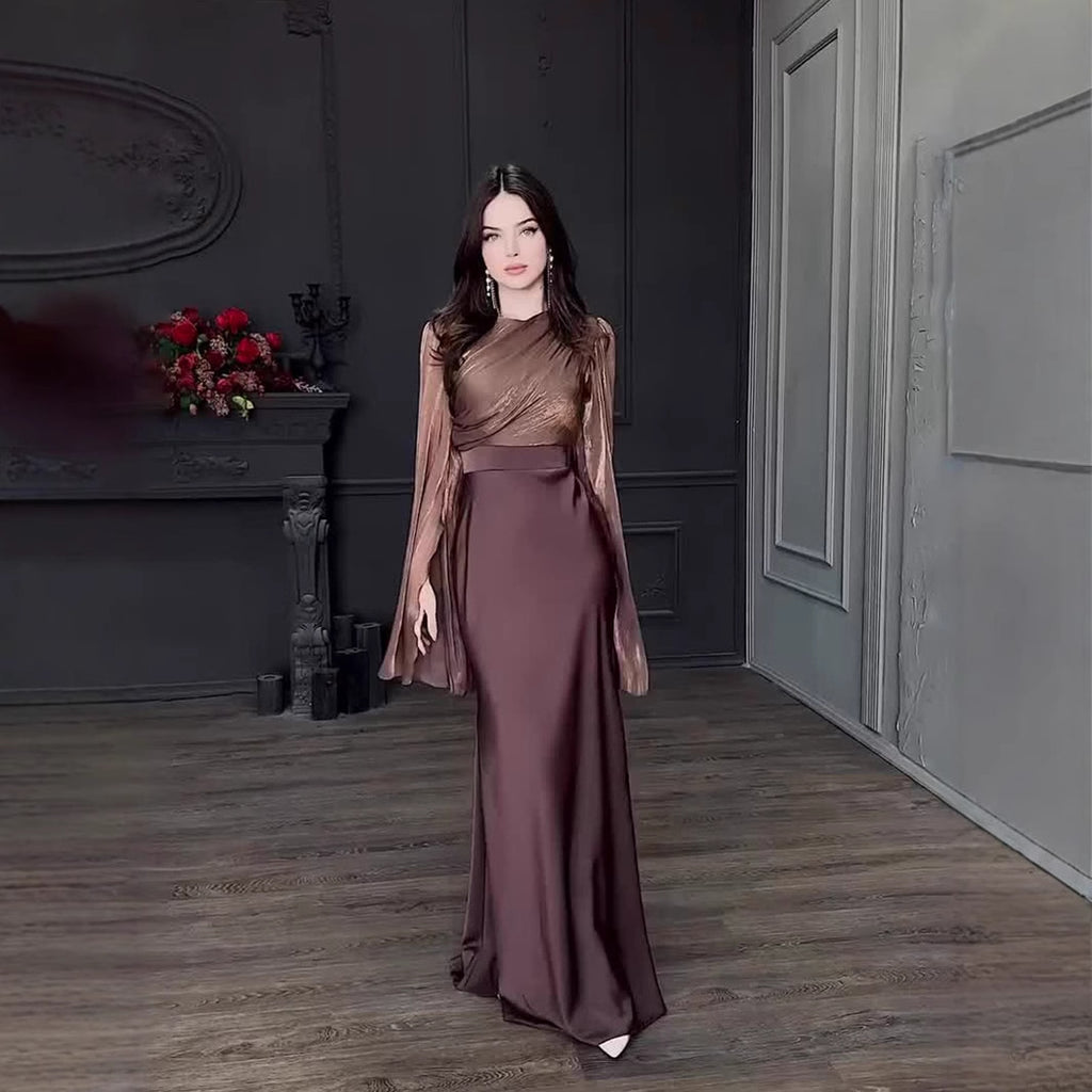 Autumn Patchwork Glass Veil Long Sleeve Satin Slim Dress