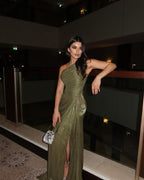 Autumn and winter pleated ribbon shiny evening dress