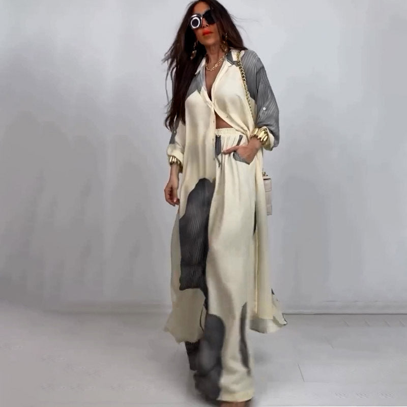 Elegant Sexy Printed Mid-Length Top and Wide-Leg Pants Two-Piece Set