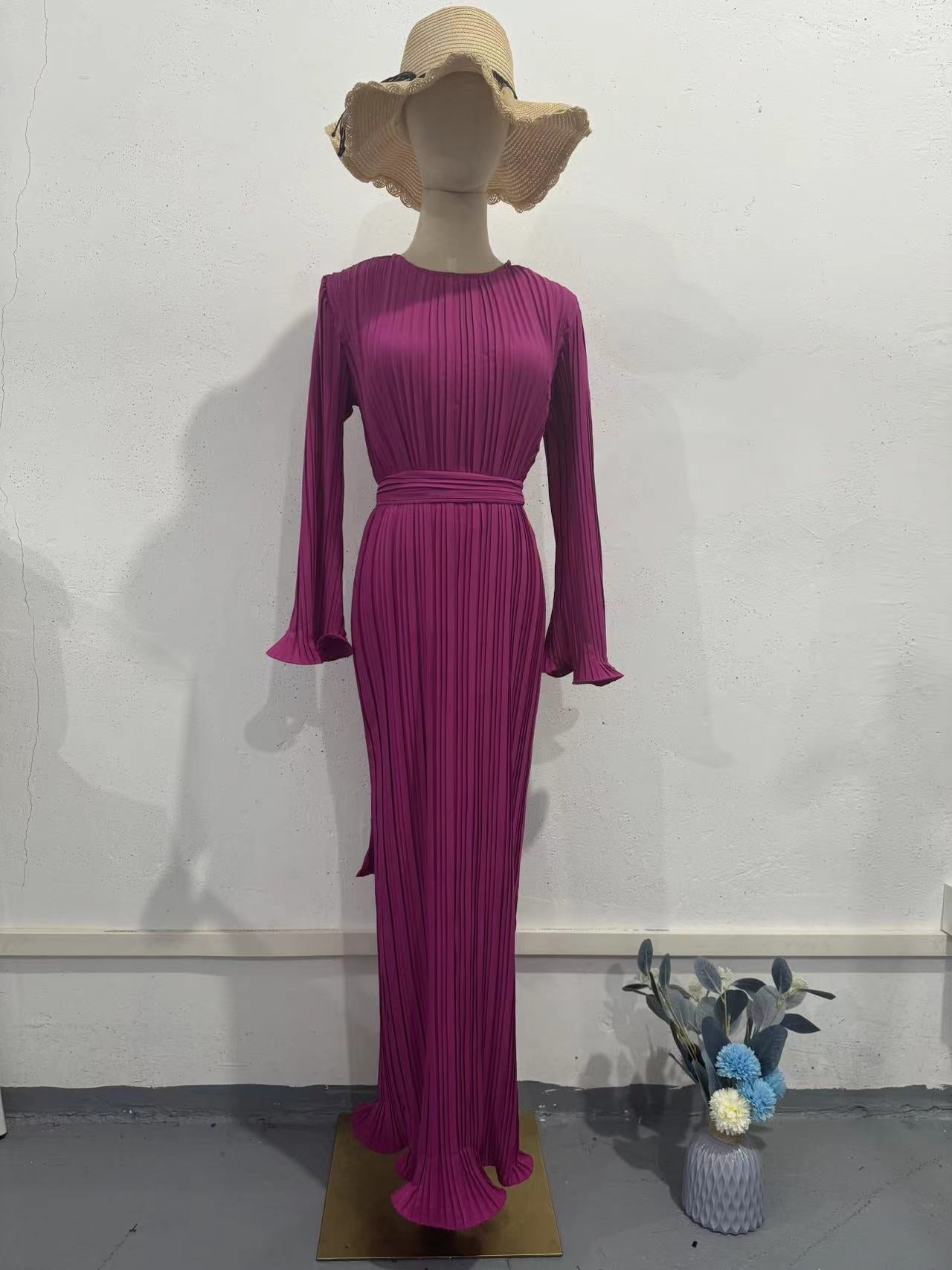 Women's Autumn New Long Dress Elegant Pleated Flared Sleeve Mid-Length Dress