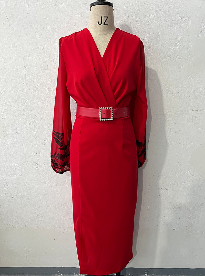 Women's V-neck Long Sleeve Printed Slim Waist Belt Split Dress