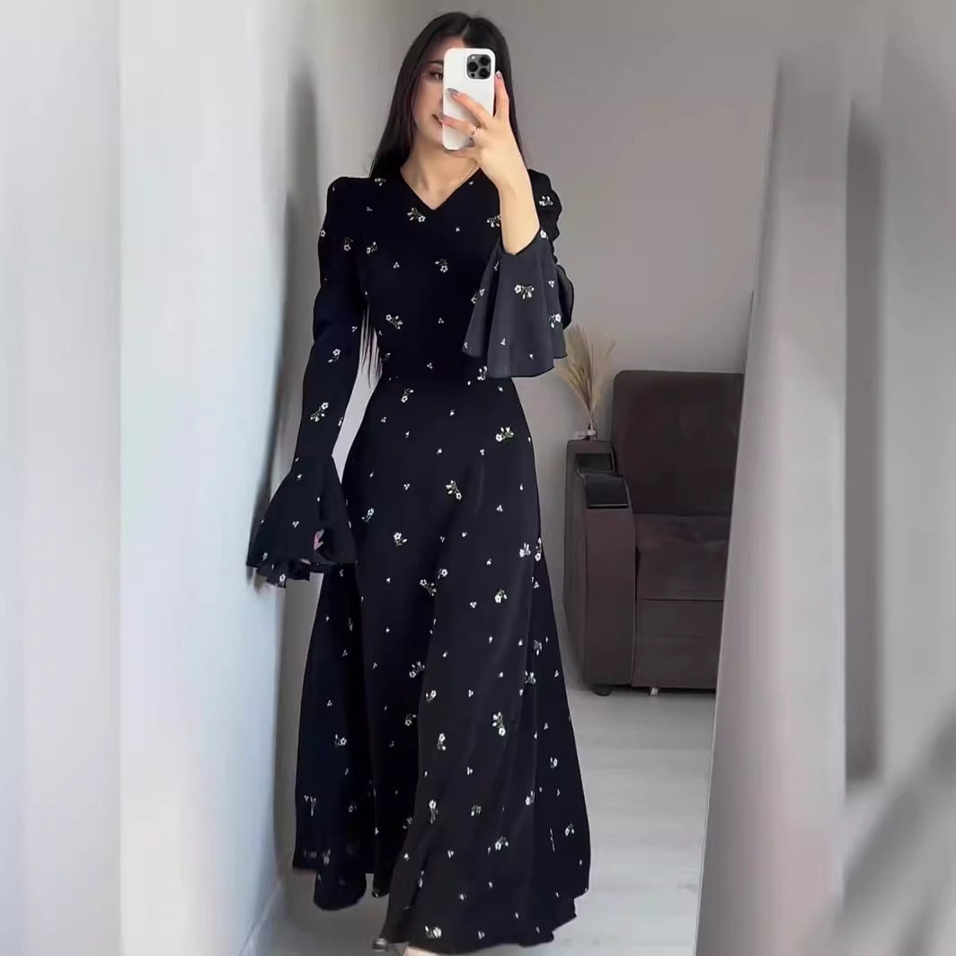 Spring New Ruffle Sleeve Waist-Cinching Floral Gentle Style Long Dress