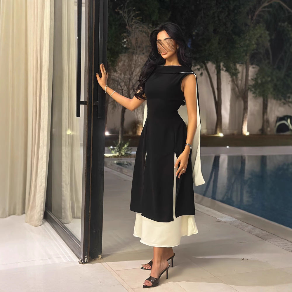 2025 Spring Summer Color Block Sleeveless Slim Fit Vintage Dress