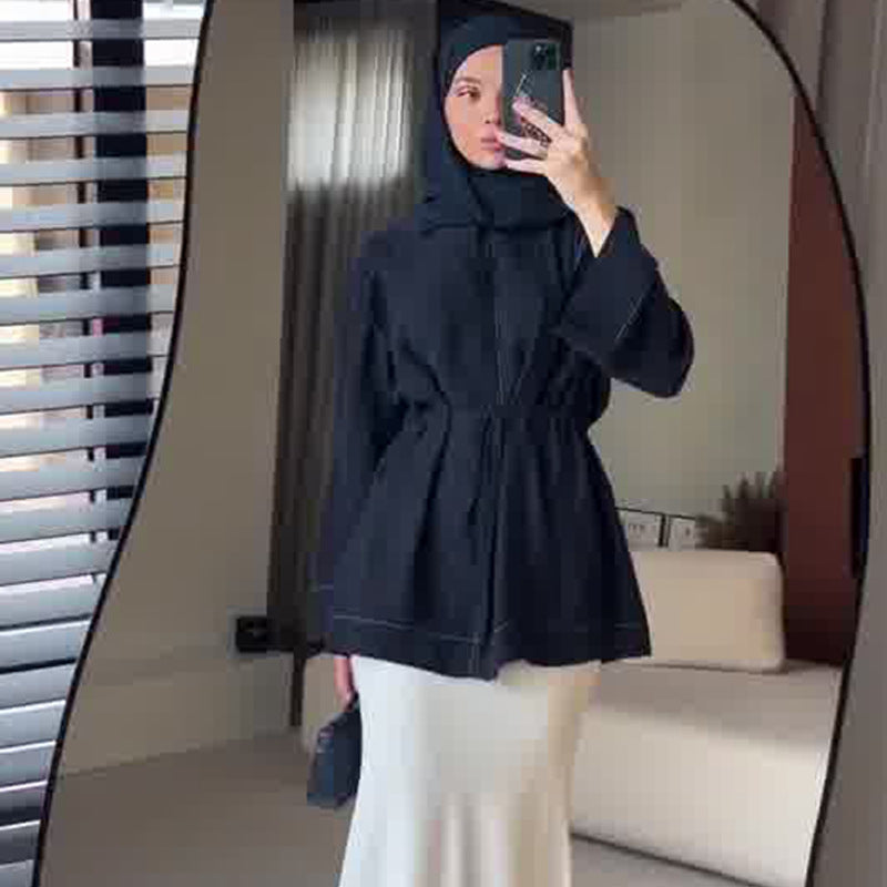 Women's Waist-Cinching Long-Sleeve Denim Top and Bodycon Skirt Set