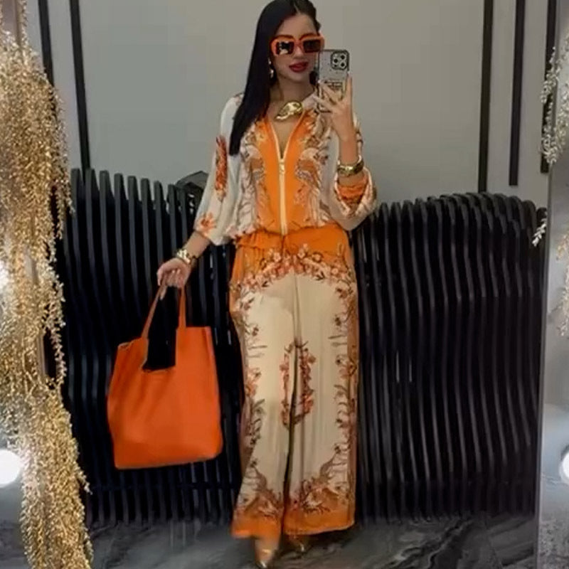 Fashion 3D Printed Floral Baseball Jacket and Drawstring Pants Two-Piece Set