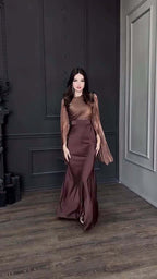 Autumn Patchwork Glass Veil Long Sleeve Satin Slim Dress