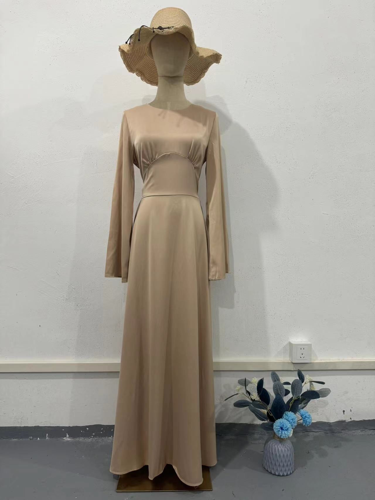 Spring New Waist-Cinching Slimming Tie Solid Color Long Sleeve Long Dress Elegant Women's Dress