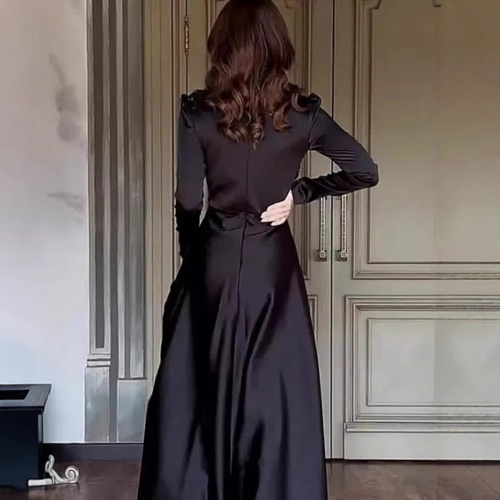2025 Spring Solid Color Long Sleeve Slim Fit Lace Vintage Elegant Dress Gown 