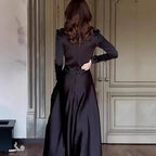 2025 Spring Solid Color Long Sleeve Slim Fit Lace Vintage Elegant Dress Gown 