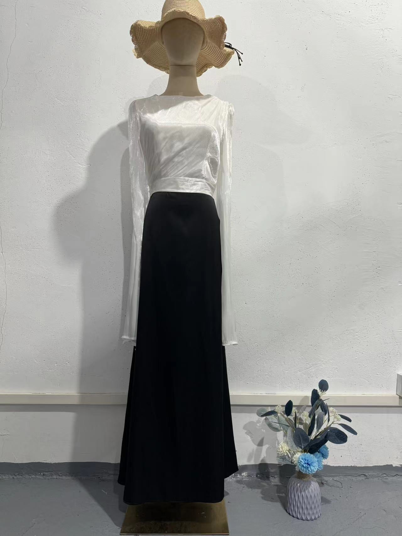 Summer Patchwork Glass Veil Long Sleeve Satin Slim Dress