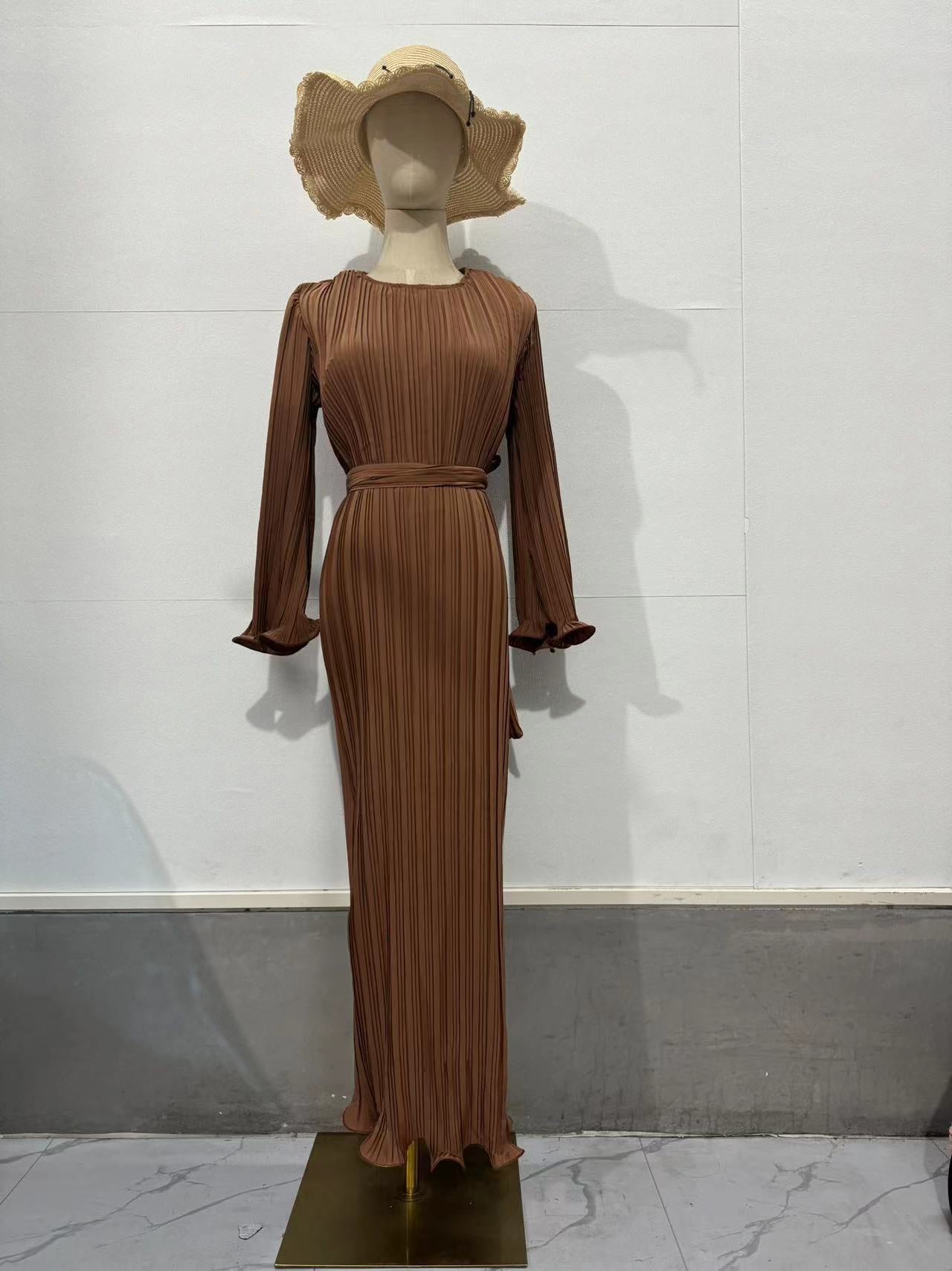 Women's Autumn New Long Dress Elegant Pleated Flared Sleeve Mid-Length Dress