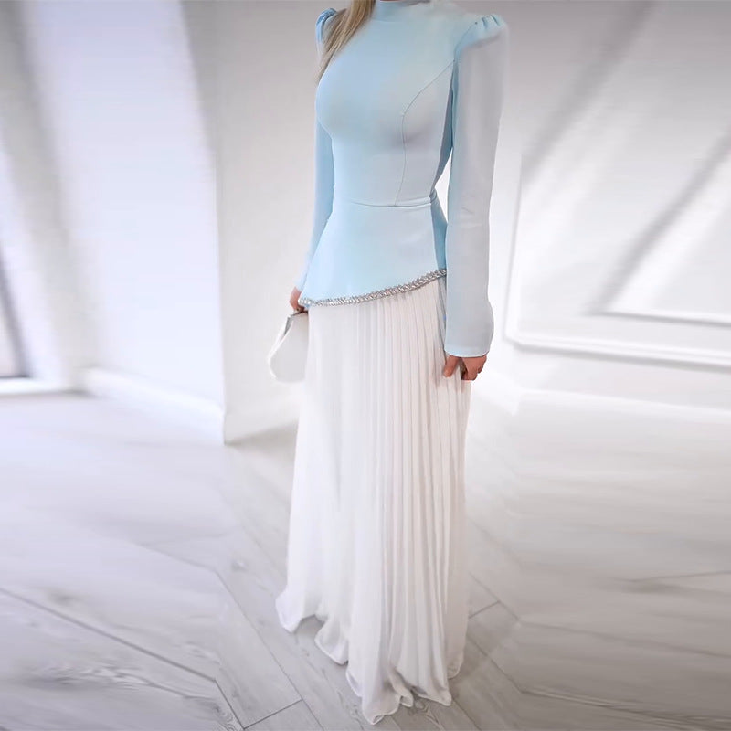 Women's Elegant Fashion Long Sleeve Waist-Cinching Mesh Pleated Long Dress