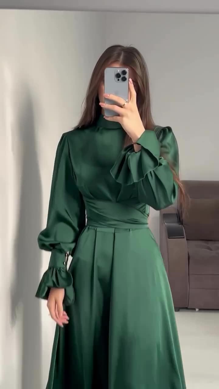 Autumn New Long Sleeve Waist Cinched Puff Sleeve Solid Color Fairy Style Dress
