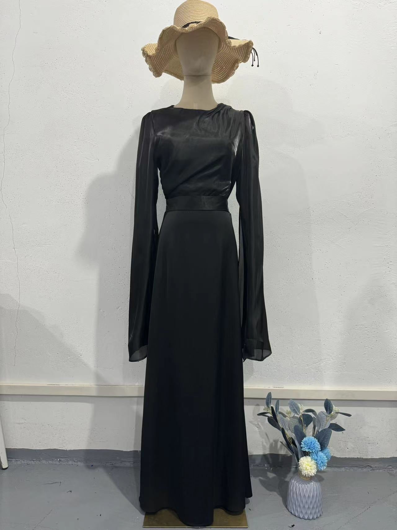 Summer Patchwork Glass Veil Long Sleeve Satin Slim Dress