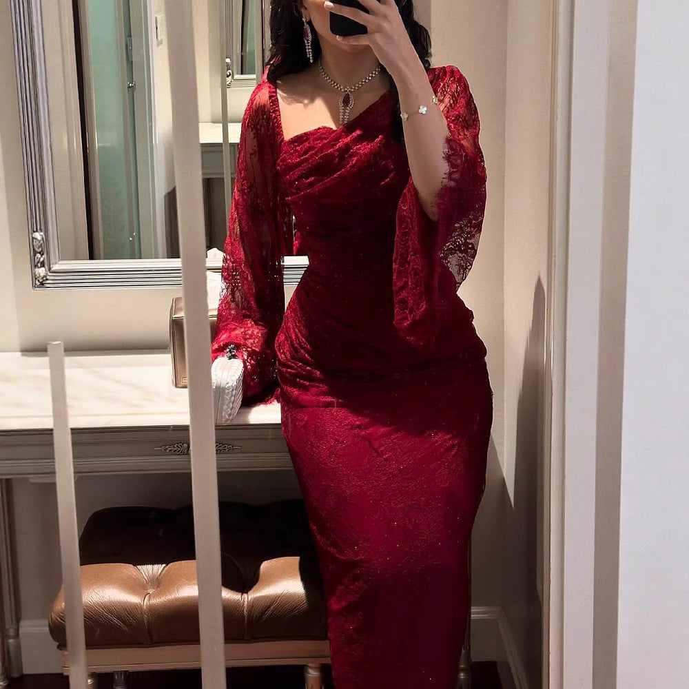 2025 Spring Elegant Lace Rhinestone Bodycon Evening Dress